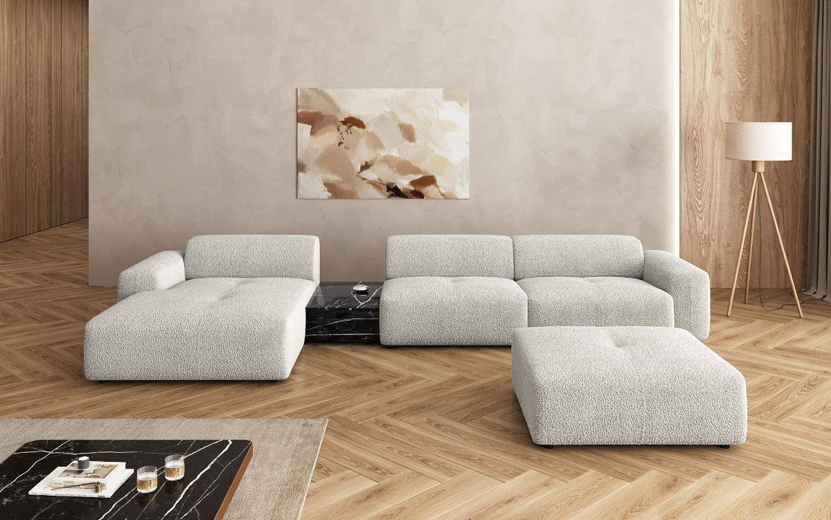 Luxus Designer L-Sofa Calm Bouclé mit Hocker und Tisch Modernes Wohnzimmer