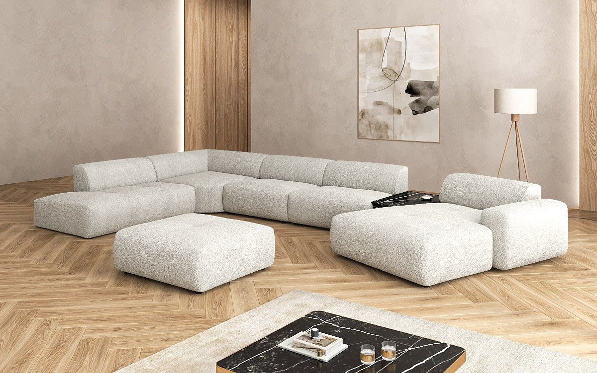 Luxuriöse Calm Bouclé Ecksofa Wohnlandschaft – Modulare Design Couch mit Hocker