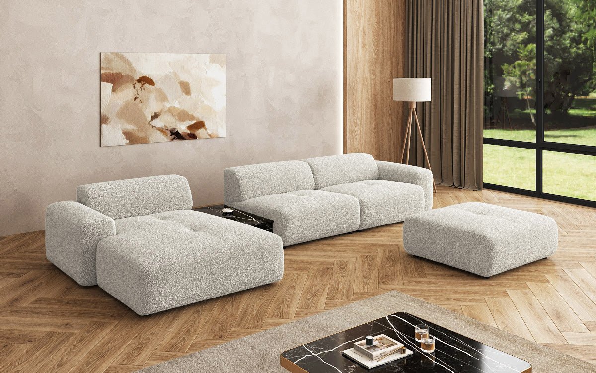 Luxus Designer L-Sofa Calm Bouclé mit Hocker und Tisch Modernes Wohnzimmer