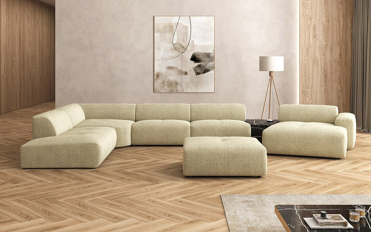 Luxuriöse Calm Bouclé Ecksofa Wohnlandschaft – Modulare Design Couch mit Hocker