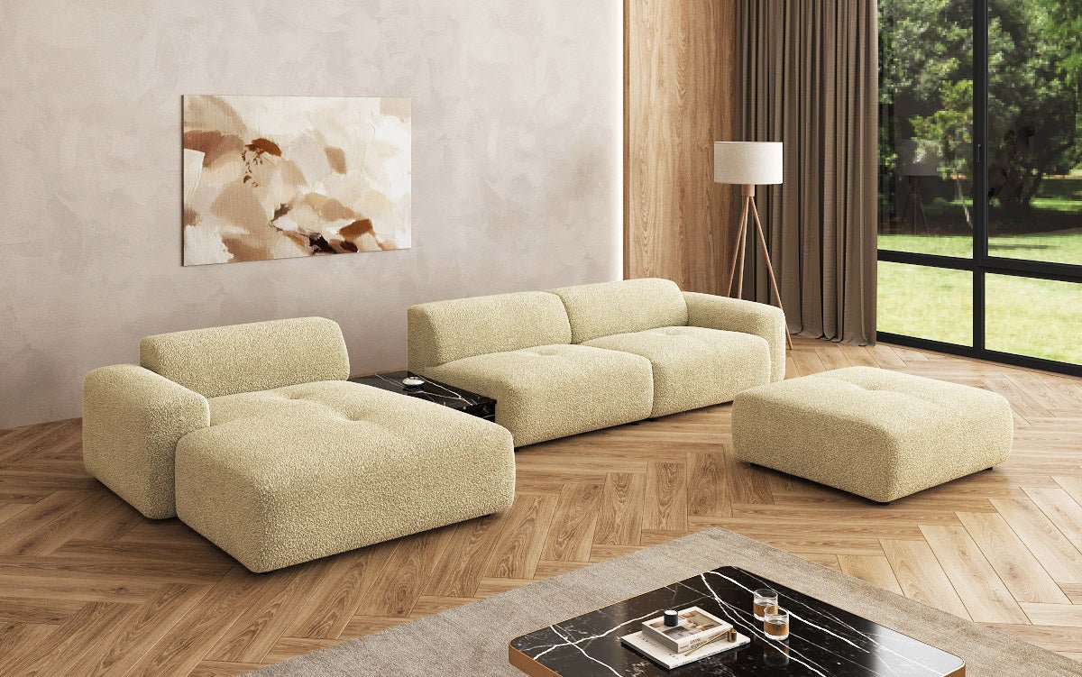 Luxus Designer L-Sofa Calm Bouclé mit Hocker und Tisch Modernes Wohnzimmer