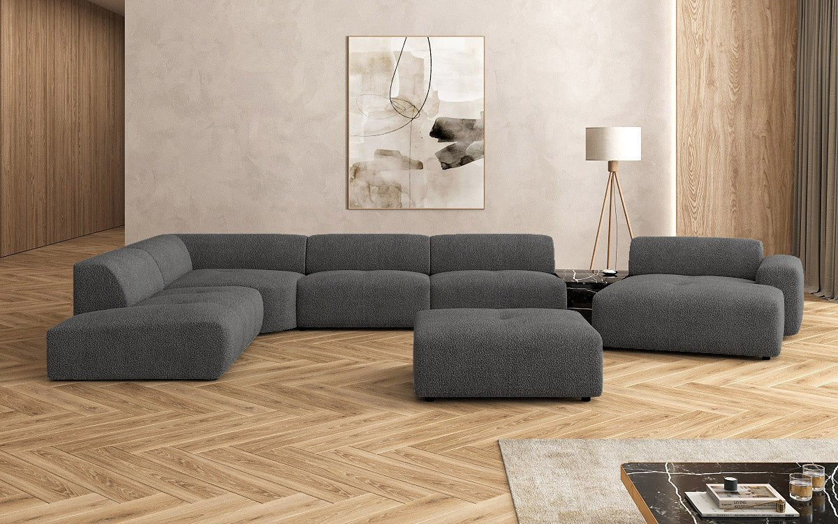 Luxuriöse Calm Bouclé Ecksofa Wohnlandschaft – Modulare Design Couch mit Hocker