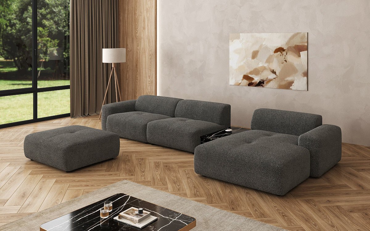 Luxus Designer L-Sofa Calm Bouclé mit Hocker und Tisch Modernes Wohnzimmer
