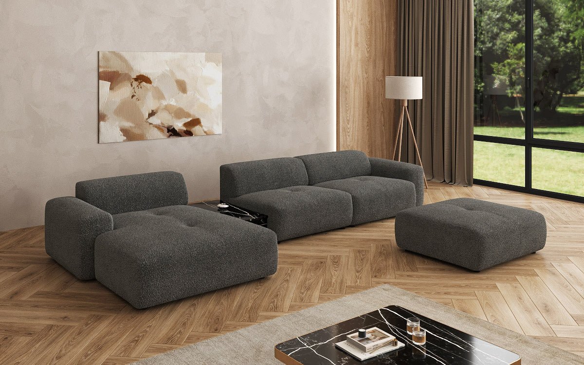Luxus Designer L-Sofa Calm Bouclé mit Hocker und Tisch Modernes Wohnzimmer