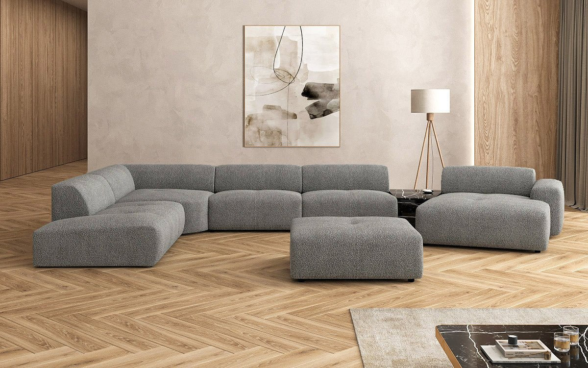 Luxuriöse Calm Bouclé Ecksofa Wohnlandschaft – Modulare Design Couch mit Hocker