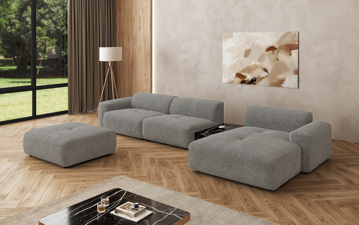Luxus Designer L-Sofa Calm Bouclé mit Hocker und Tisch Modernes Wohnzimmer