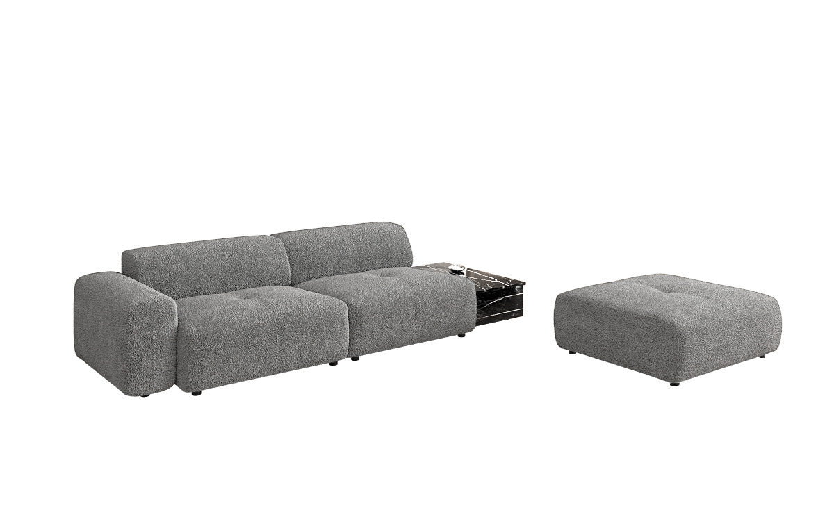 Designer Sofa Calm 3-Sitzer: Modernes Bouclé-Sofa mit Hocker und Beistelltisch