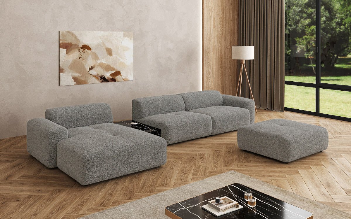 Luxus Designer L-Sofa Calm Bouclé mit Hocker und Tisch Modernes Wohnzimmer