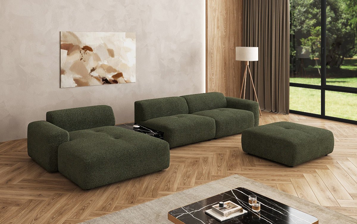 Luxus Designer L-Sofa Calm Bouclé mit Hocker und Tisch Modernes Wohnzimmer