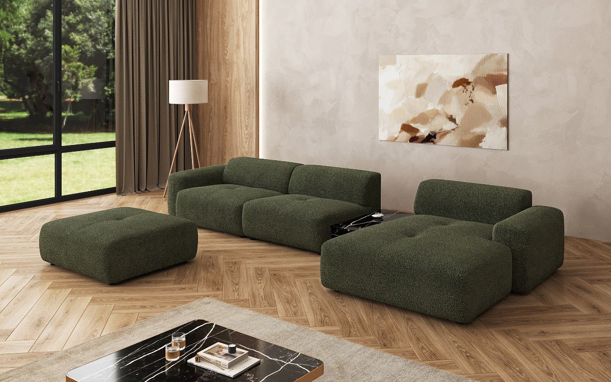 Luxus Designer L-Sofa Calm Bouclé mit Hocker und Tisch Modernes Wohnzimmer