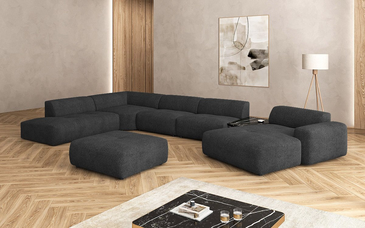 Luxuriöse Calm Bouclé Ecksofa Wohnlandschaft – Modulare Design Couch mit Hocker