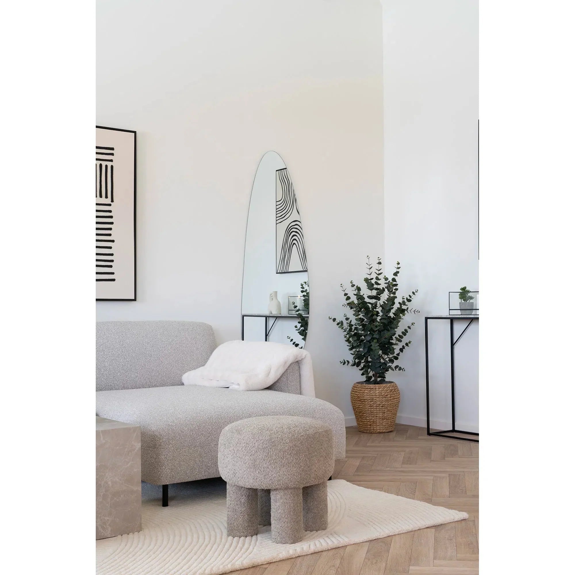 Eleganter Bono Bouclé Beistellhocker Hellgrau – Vielseitiger Sitzhocker mit Stauraum