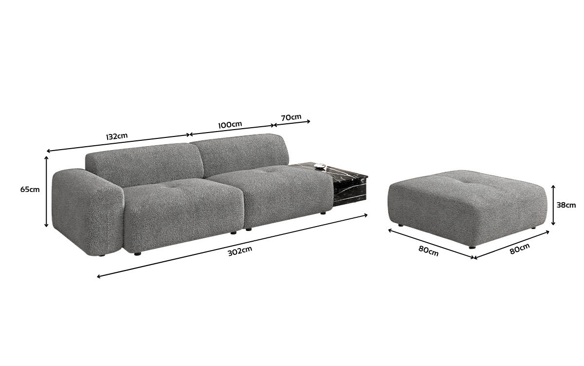 Designer Sofa Calm 3-Sitzer: Modernes Bouclé-Sofa mit Hocker und Beistelltisch