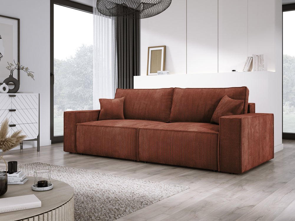Designer Cord Sofa Velanova: Modernes Schlafsofa mit Klappfunktion für Ihr Wohnzimmer