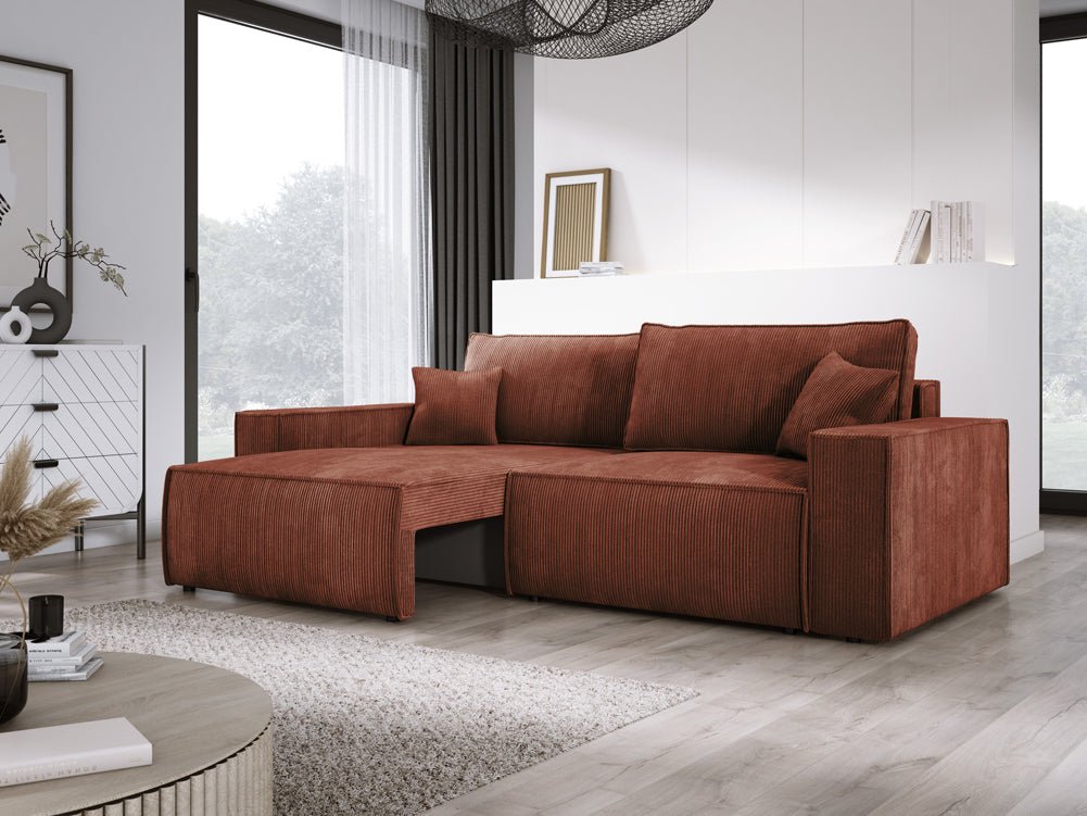 Designer Cord Sofa Velanova: Modernes Schlafsofa mit Klappfunktion für Ihr Wohnzimmer