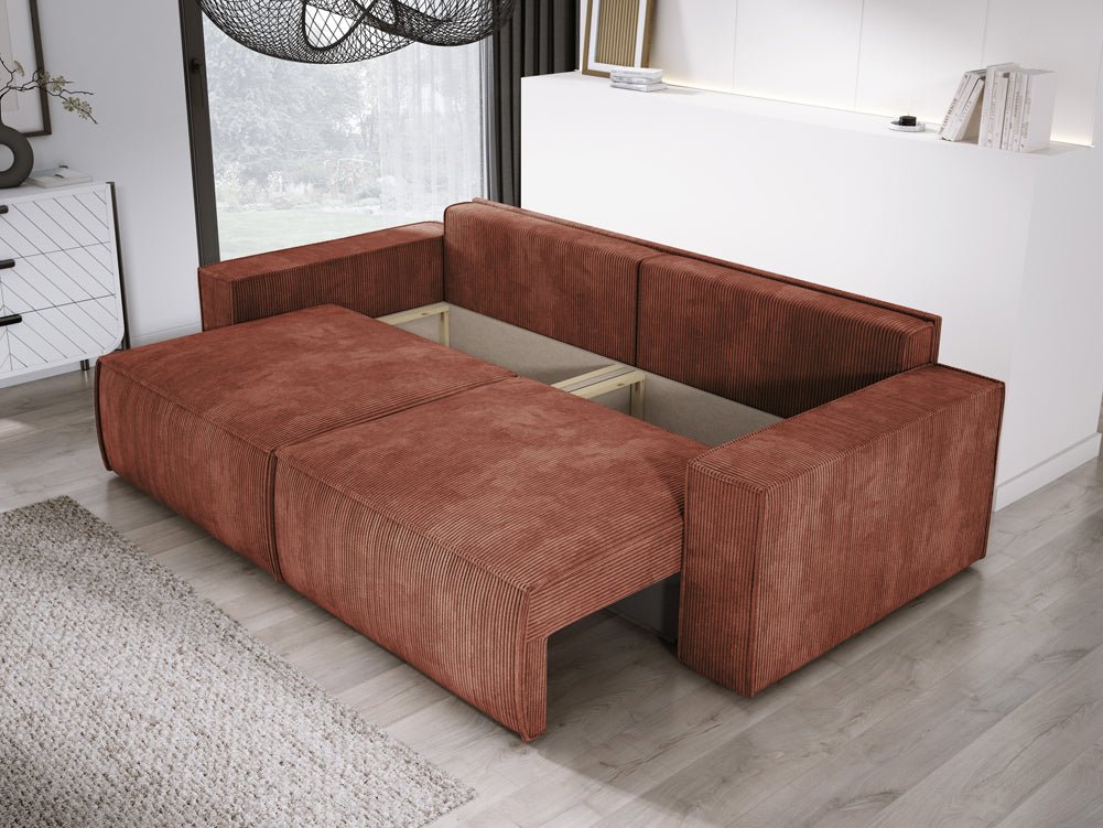 Designer Cord Sofa Velanova: Modernes Schlafsofa mit Klappfunktion für Ihr Wohnzimmer