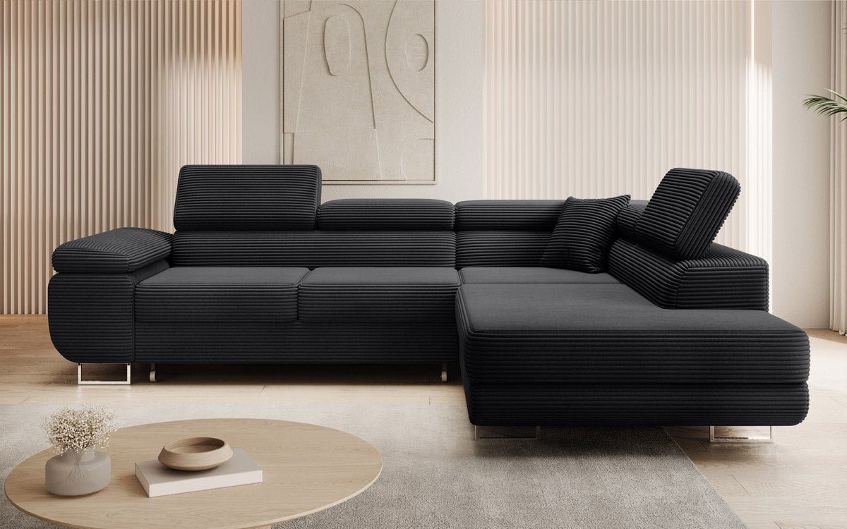 Designer Ecksofa Aston: Schlaf- und Klappfunktion, Cord-Bezug, Stauraum