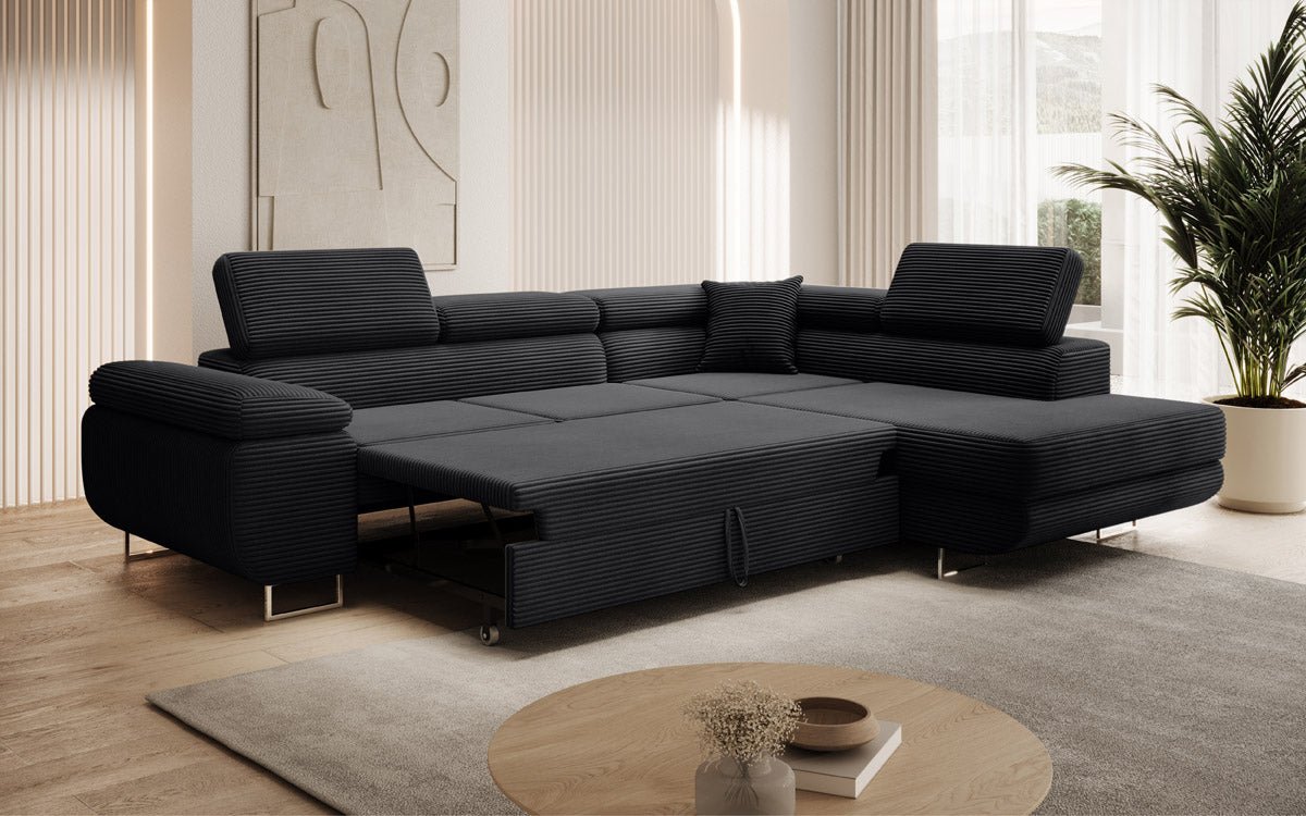 Designer Ecksofa Aston: Schlaf- und Klappfunktion, Cord-Bezug, Stauraum