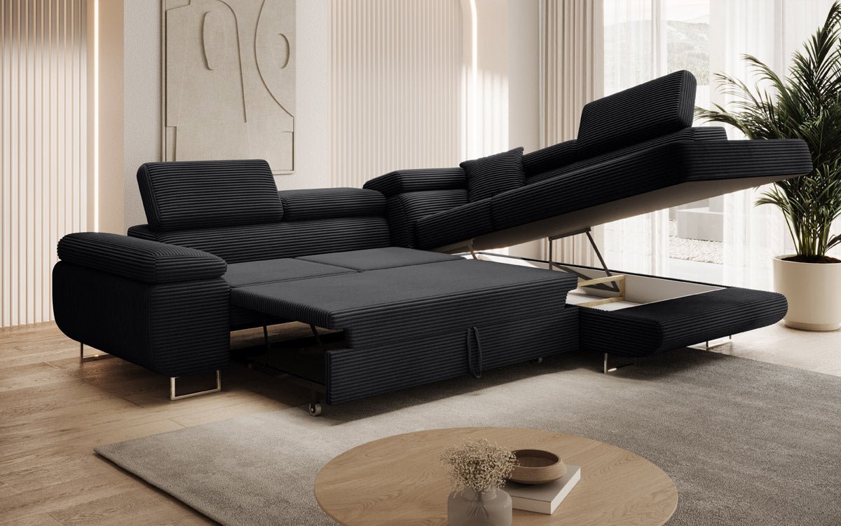 Designer Ecksofa Aston: Schlaf- und Klappfunktion, Cord-Bezug, Stauraum