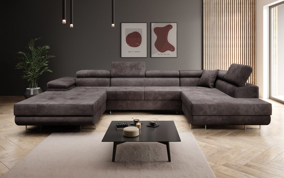 Designer Schlafsofa Lago mit Klappfunktion, Stauraum, Cord-Bezug, verstellbarem Kopfteil