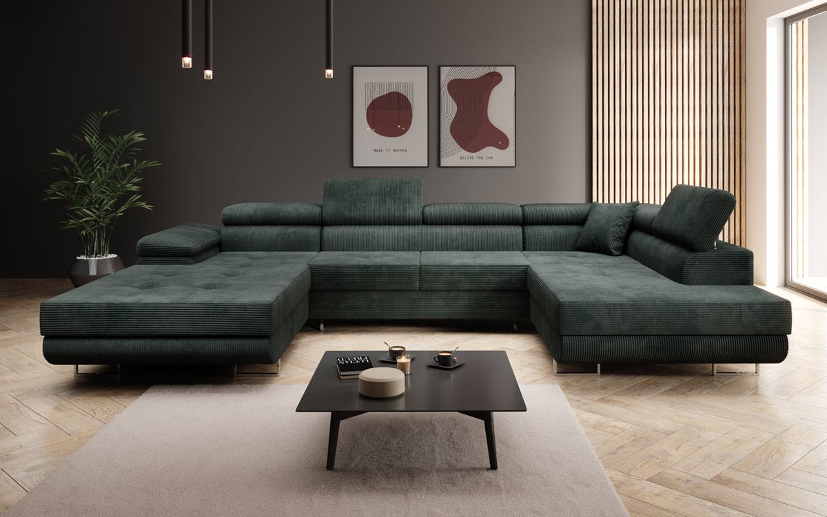 Designer Schlafsofa Lago mit Klappfunktion, Stauraum, Cord-Bezug, verstellbarem Kopfteil