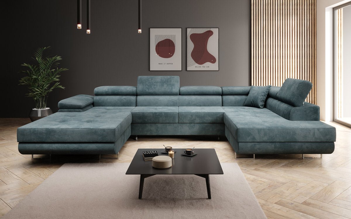 Designer Schlafsofa Lago mit Klappfunktion, Stauraum, Cord-Bezug, verstellbarem Kopfteil