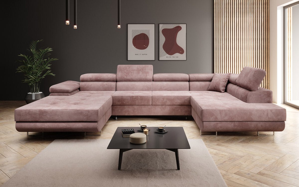 Designer Schlafsofa Lago mit Klappfunktion, Stauraum, Cord-Bezug, verstellbarem Kopfteil