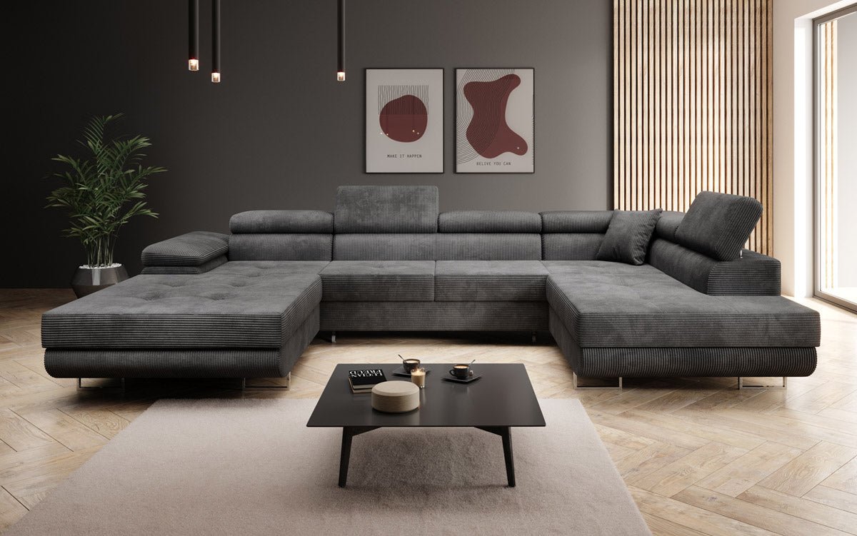 Designer Schlafsofa Lago mit Klappfunktion, Stauraum, Cord-Bezug, verstellbarem Kopfteil