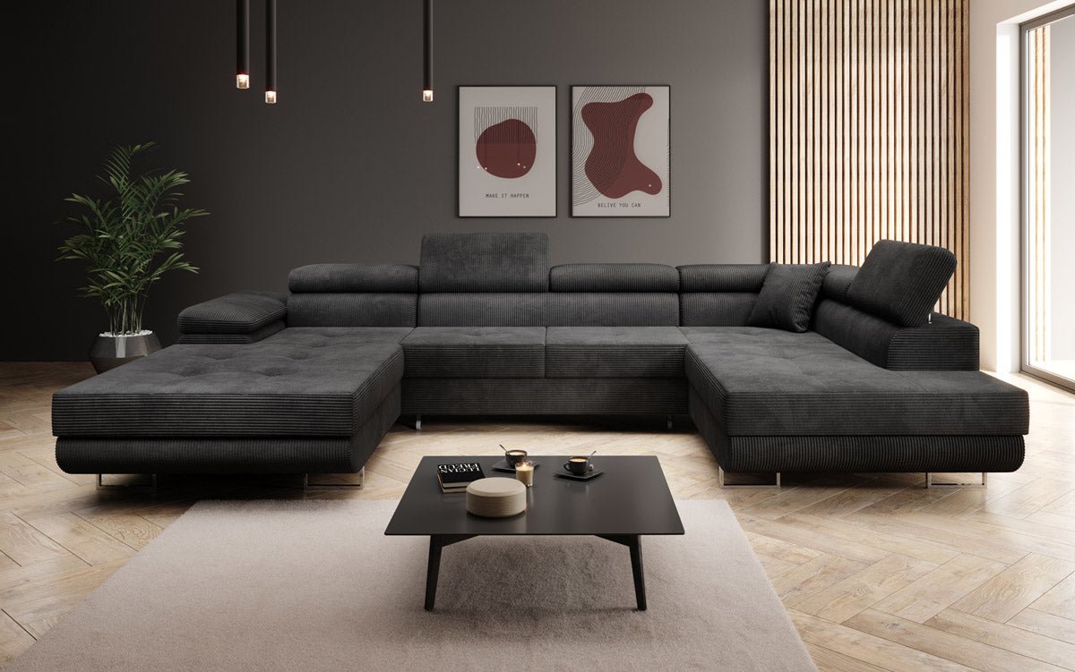 Designer Schlafsofa Lago mit Klappfunktion, Stauraum, Cord-Bezug, verstellbarem Kopfteil