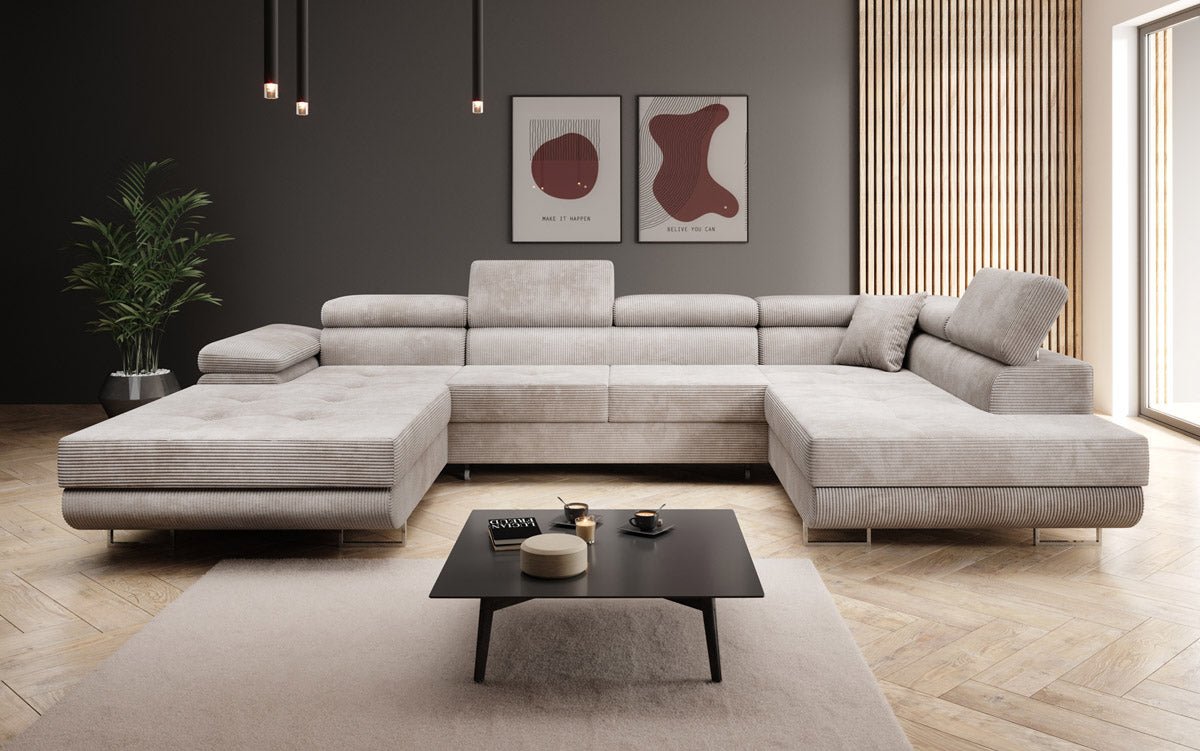 Designer Schlafsofa Lago mit Klappfunktion, Stauraum, Cord-Bezug, verstellbarem Kopfteil