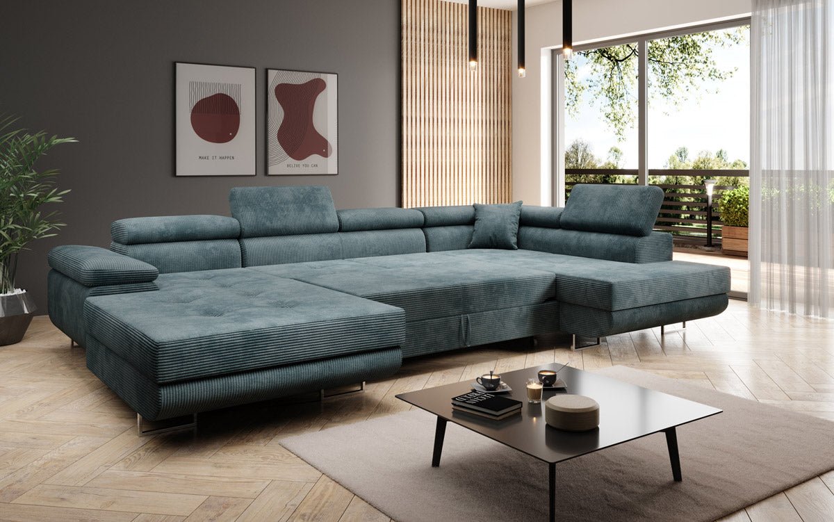 Designer Schlafsofa Lago mit Klappfunktion, Stauraum, Cord-Bezug, verstellbarem Kopfteil
