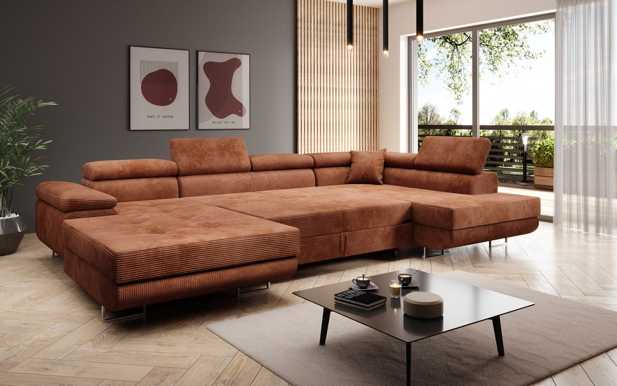 Designer Schlafsofa Lago mit Klappfunktion, Stauraum, Cord-Bezug, verstellbarem Kopfteil