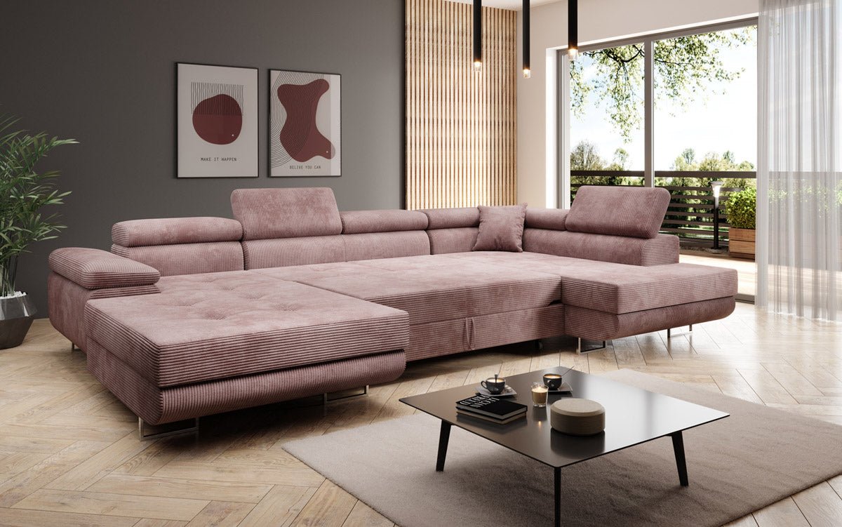 Designer Schlafsofa Lago mit Klappfunktion, Stauraum, Cord-Bezug, verstellbarem Kopfteil