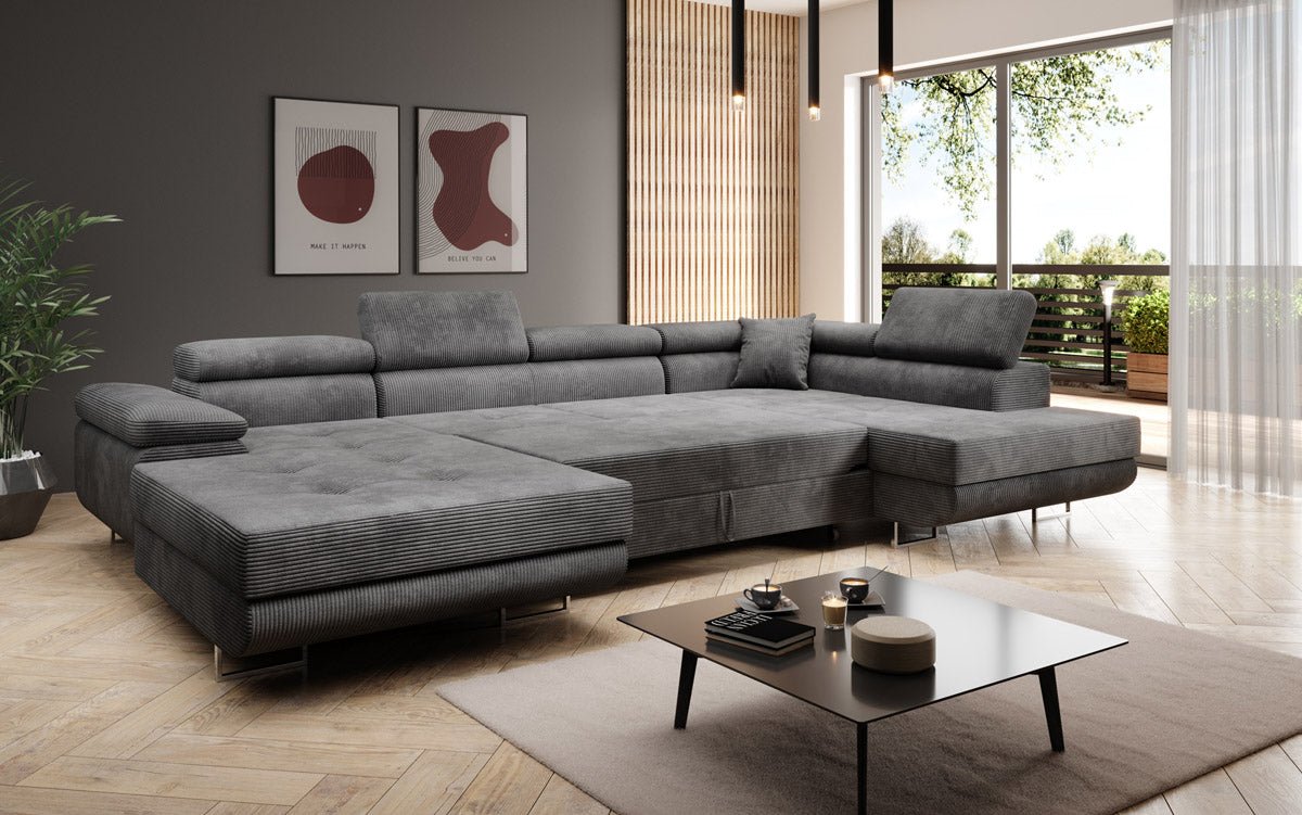 Designer Schlafsofa Lago mit Klappfunktion, Stauraum, Cord-Bezug, verstellbarem Kopfteil