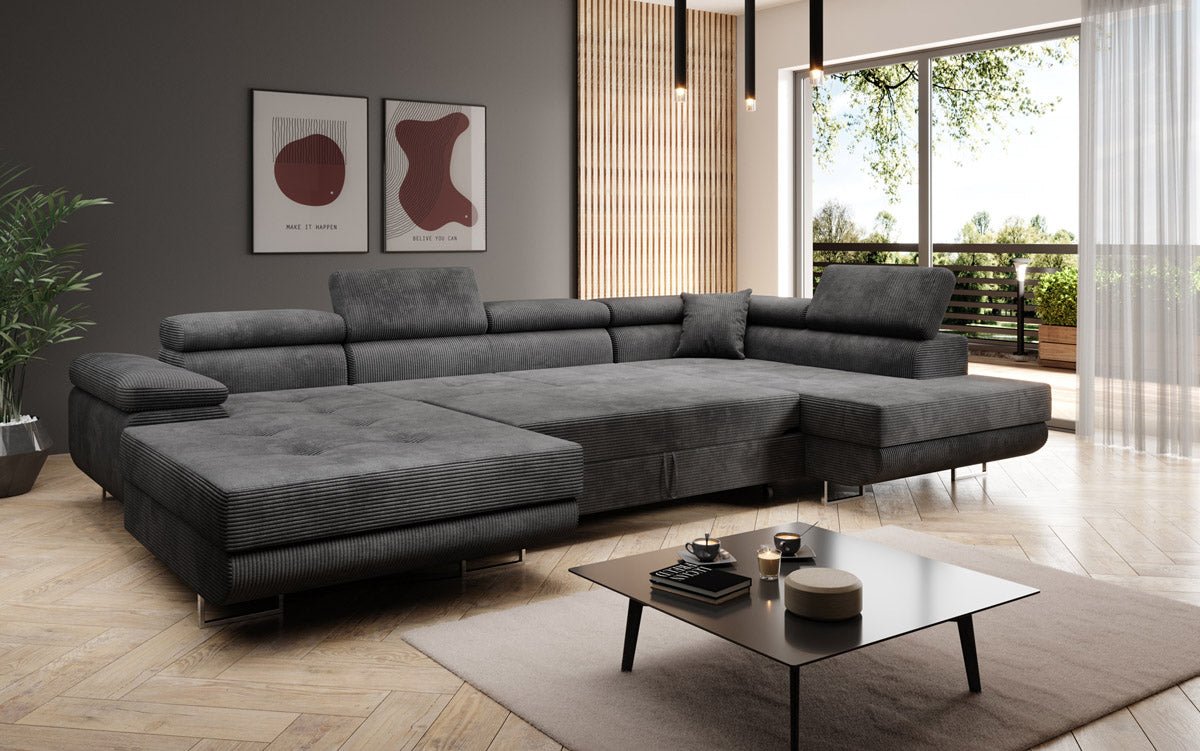 Designer Schlafsofa Lago mit Klappfunktion, Stauraum, Cord-Bezug, verstellbarem Kopfteil