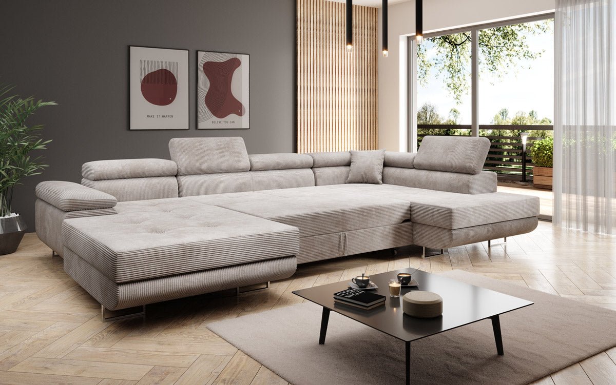 Designer Schlafsofa Lago mit Klappfunktion, Stauraum, Cord-Bezug, verstellbarem Kopfteil