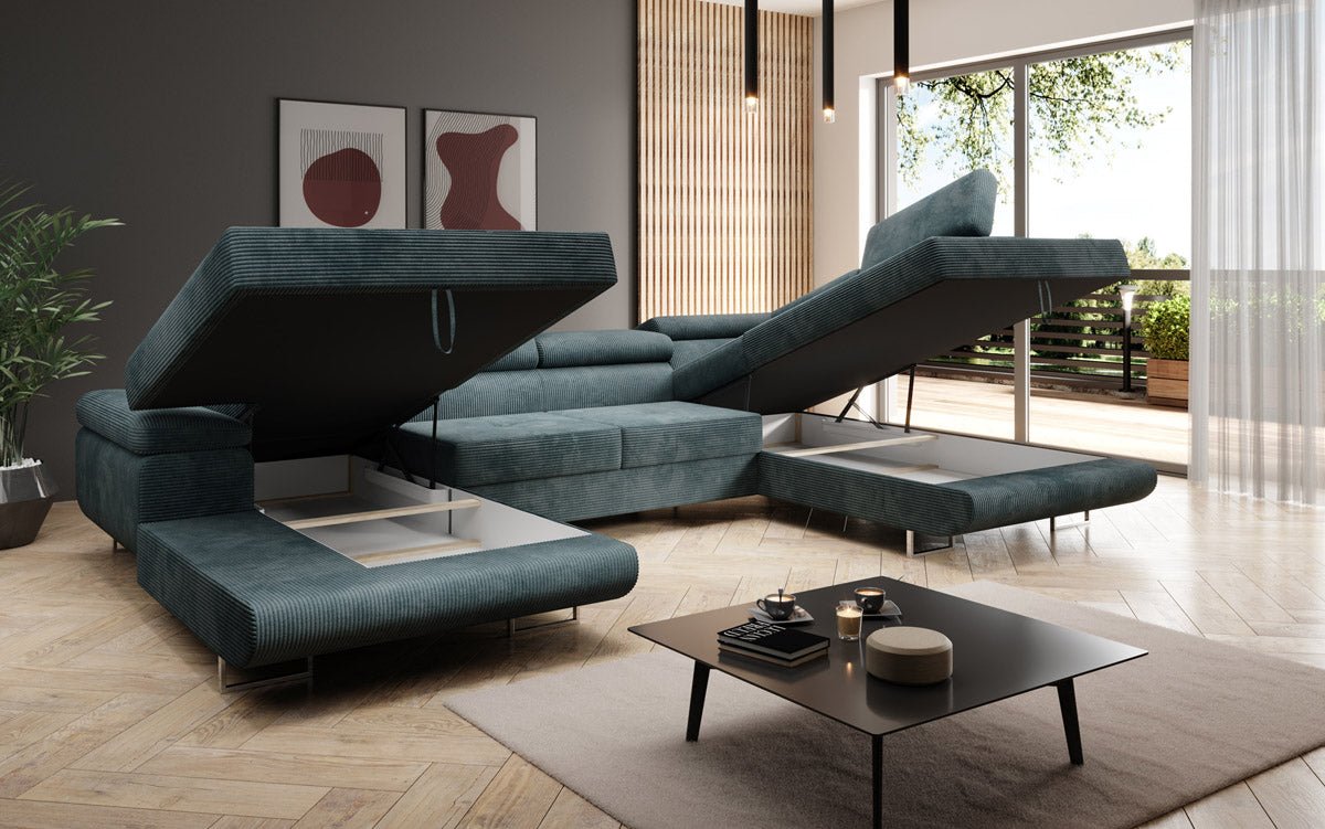 Designer Schlafsofa Lago mit Klappfunktion, Stauraum, Cord-Bezug, verstellbarem Kopfteil