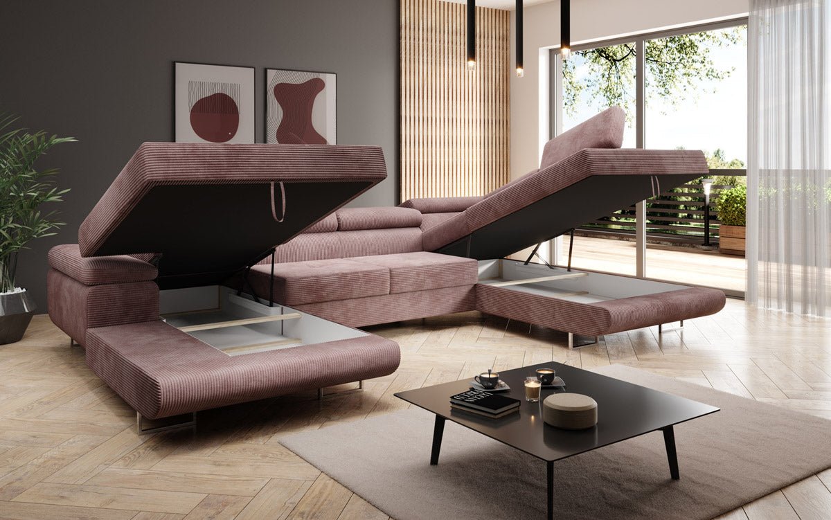 Designer Schlafsofa Lago mit Klappfunktion, Stauraum, Cord-Bezug, verstellbarem Kopfteil