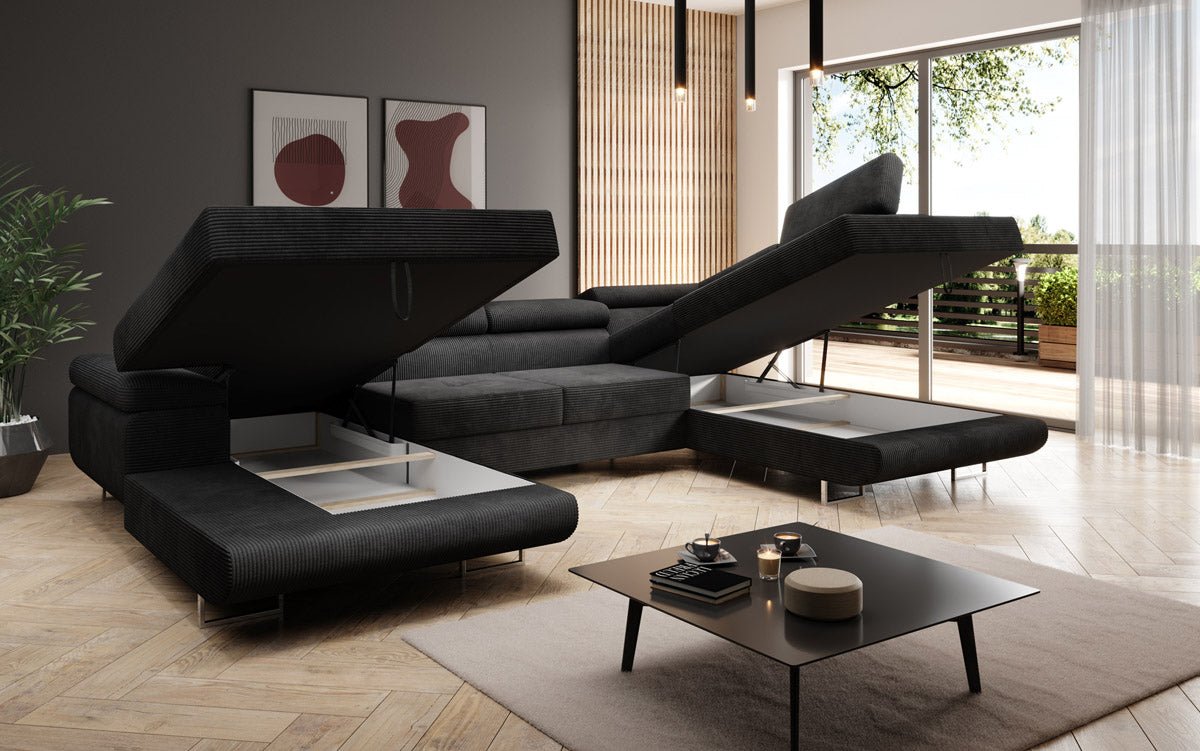 Designer Schlafsofa Lago mit Klappfunktion, Stauraum, Cord-Bezug, verstellbarem Kopfteil