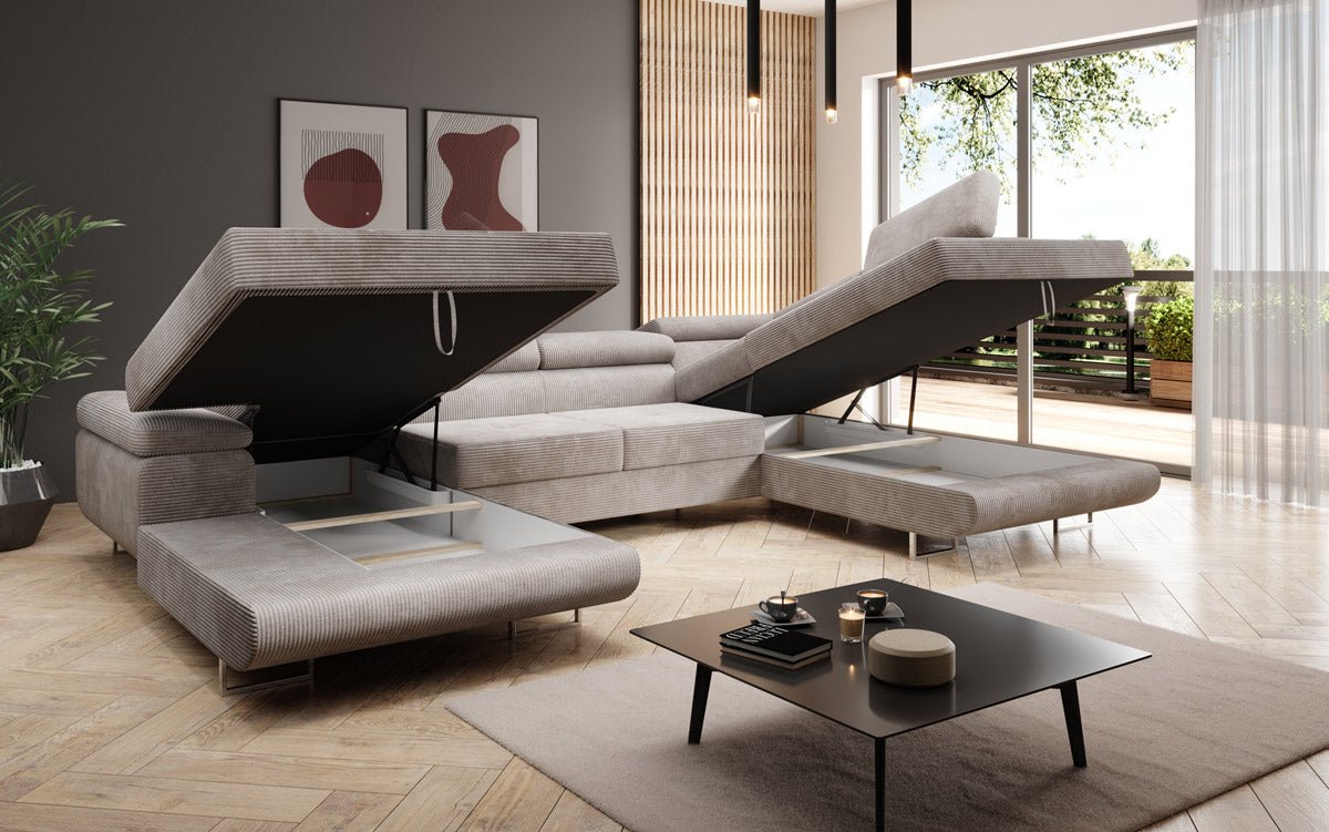 Designer Schlafsofa Lago mit Klappfunktion, Stauraum, Cord-Bezug, verstellbarem Kopfteil