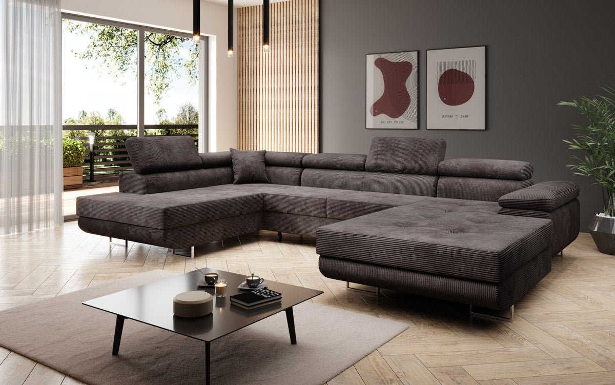 Designer Schlafsofa Lago mit Klappfunktion, Stauraum, Cord-Bezug, verstellbarem Kopfteil