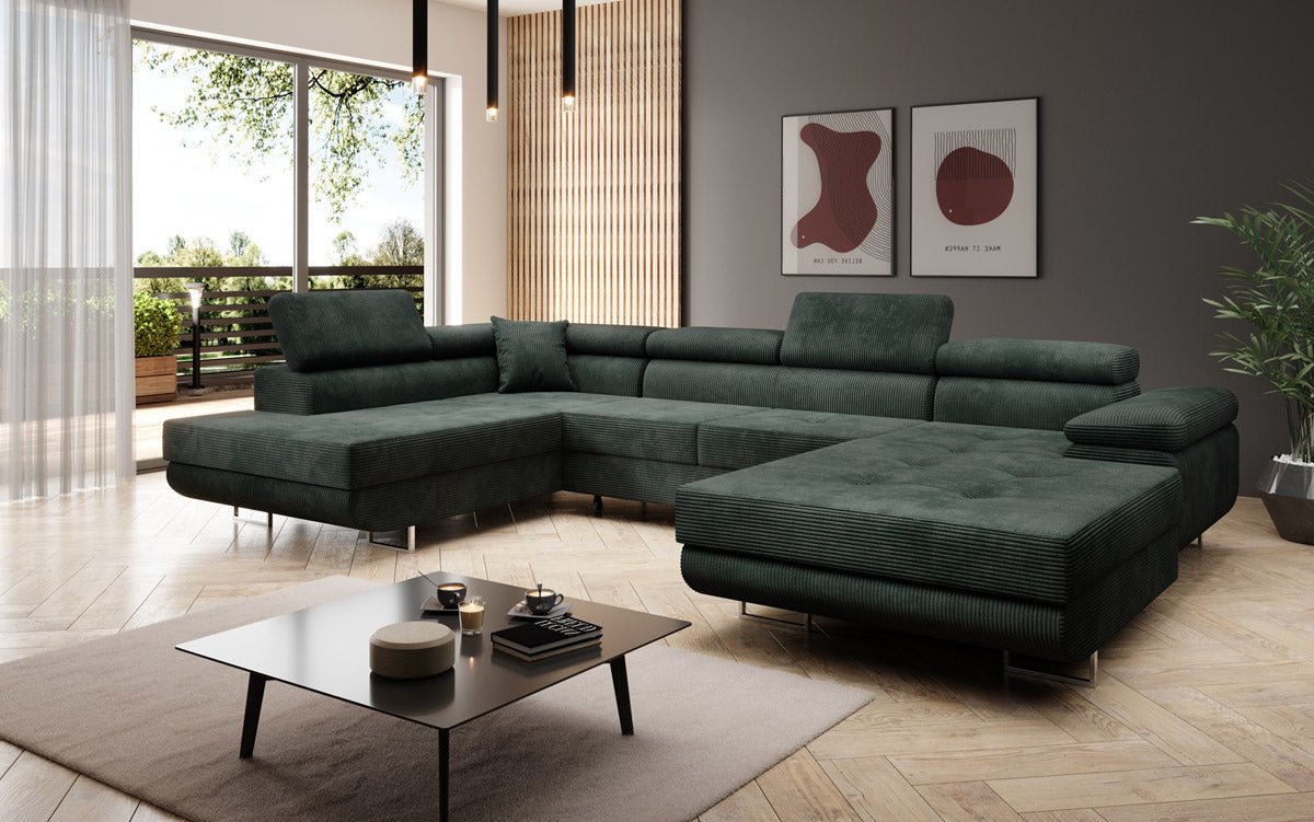 Designer Schlafsofa Lago mit Klappfunktion, Stauraum, Cord-Bezug, verstellbarem Kopfteil