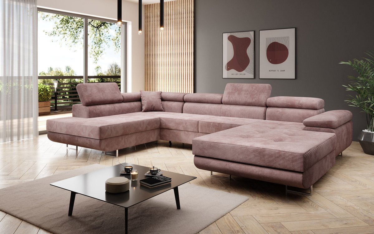 Designer Schlafsofa Lago mit Klappfunktion, Stauraum, Cord-Bezug, verstellbarem Kopfteil