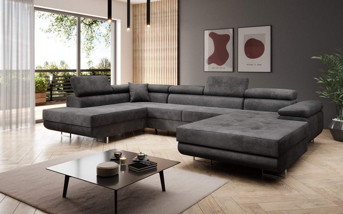 Designer Schlafsofa Lago mit Klappfunktion, Stauraum, Cord-Bezug, verstellbarem Kopfteil