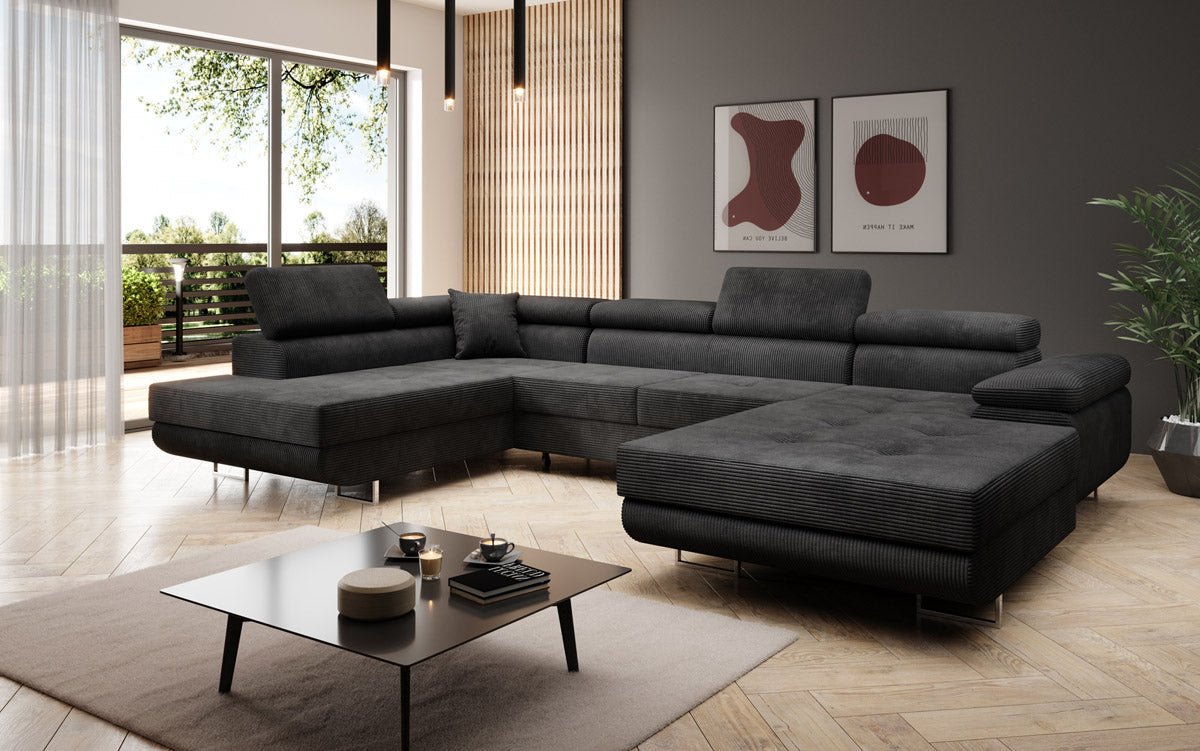Designer Schlafsofa Lago mit Klappfunktion, Stauraum, Cord-Bezug, verstellbarem Kopfteil
