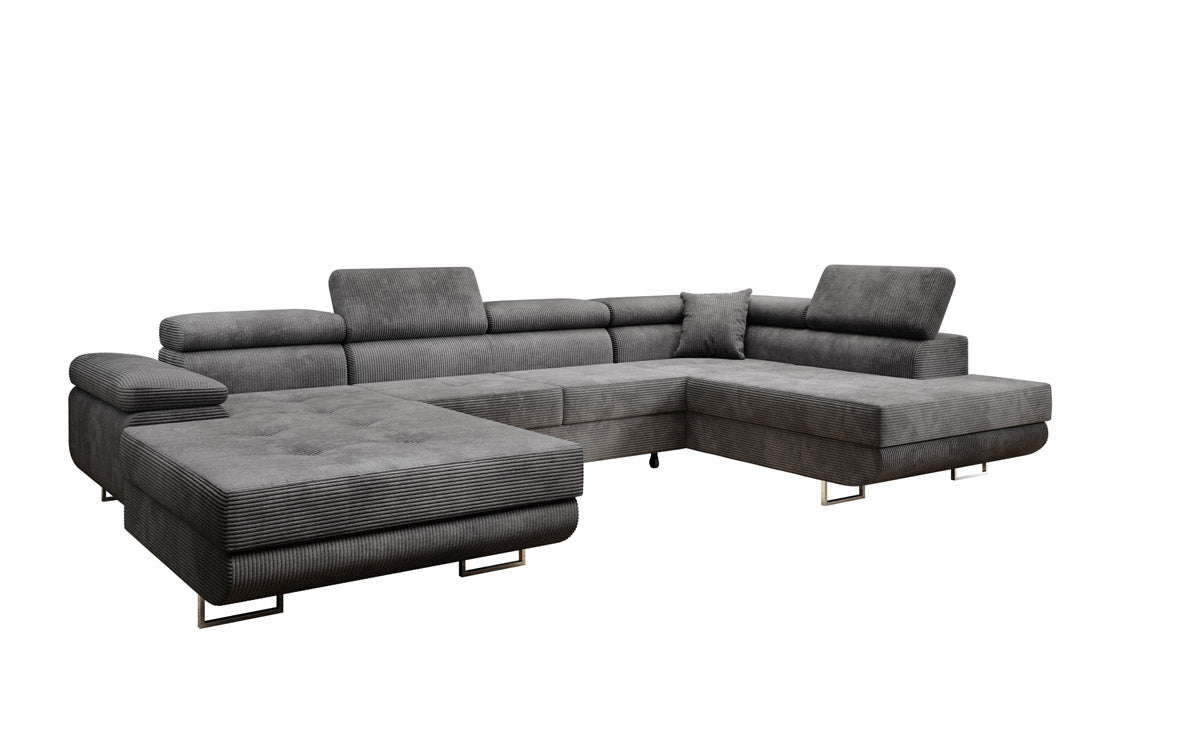 Designer Schlafsofa Lago mit Klappfunktion, Stauraum, Cord-Bezug, verstellbarem Kopfteil