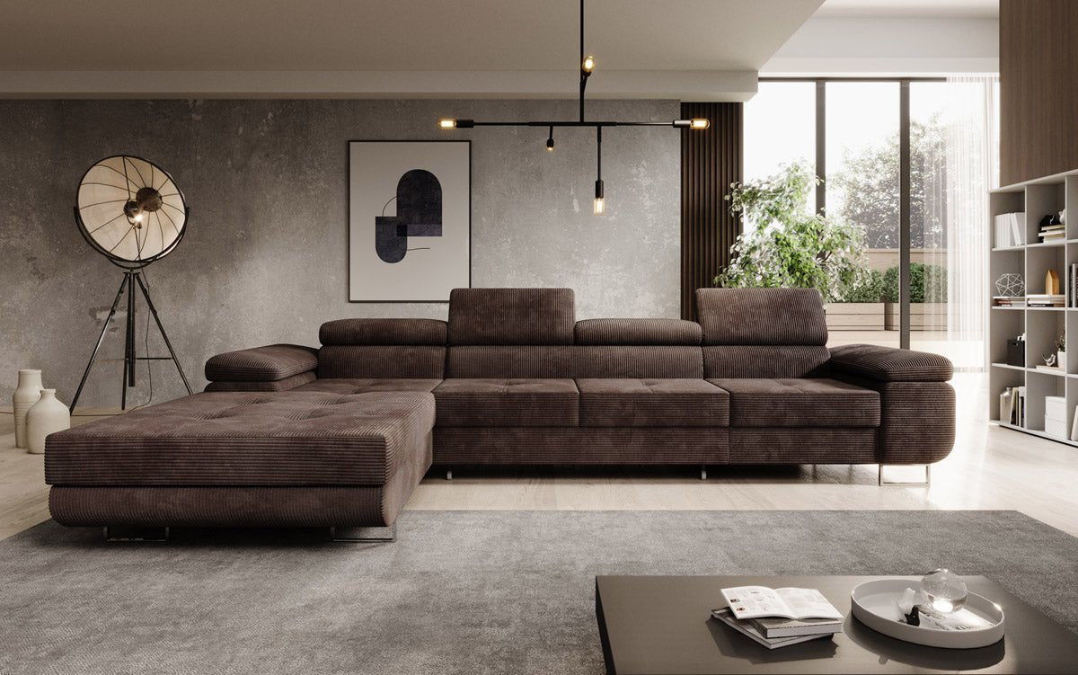 Luxuriöses Designer Sofa Calvera Maxi mit Schlaf- und Klappfunktion, Cord Bezug