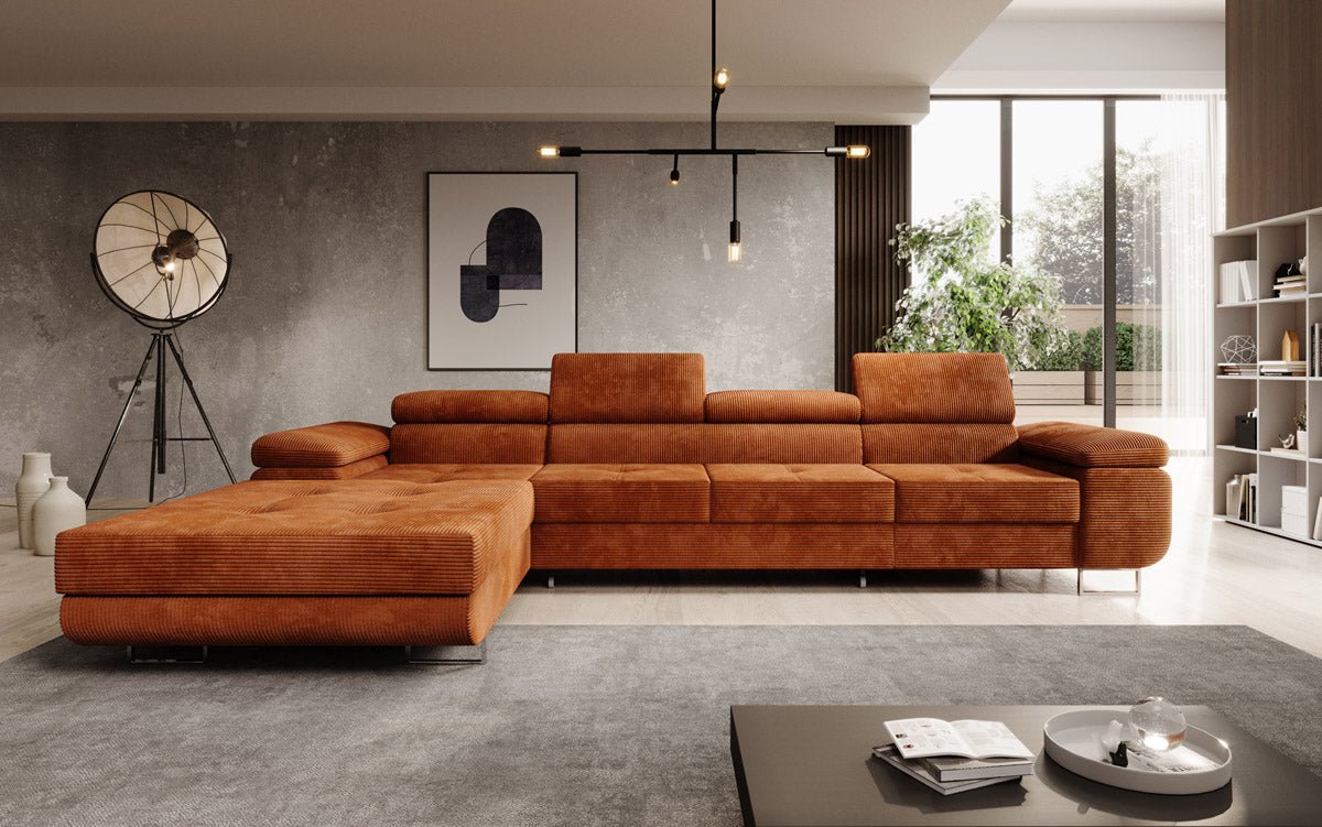Luxuriöses Designer Sofa Calvera Maxi mit Schlaf- und Klappfunktion, Cord Bezug