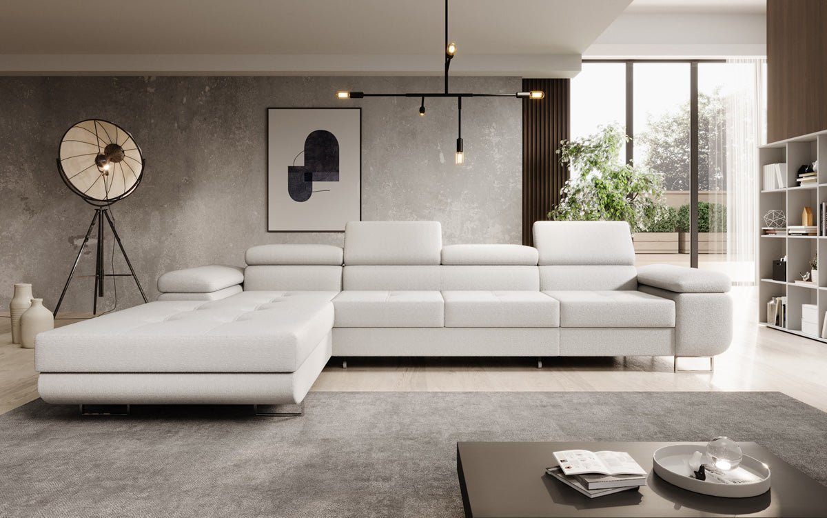 Elegantes Calvera Maxi Bouclé Ecksofa mit Schlaf- und Stauraumfunktion