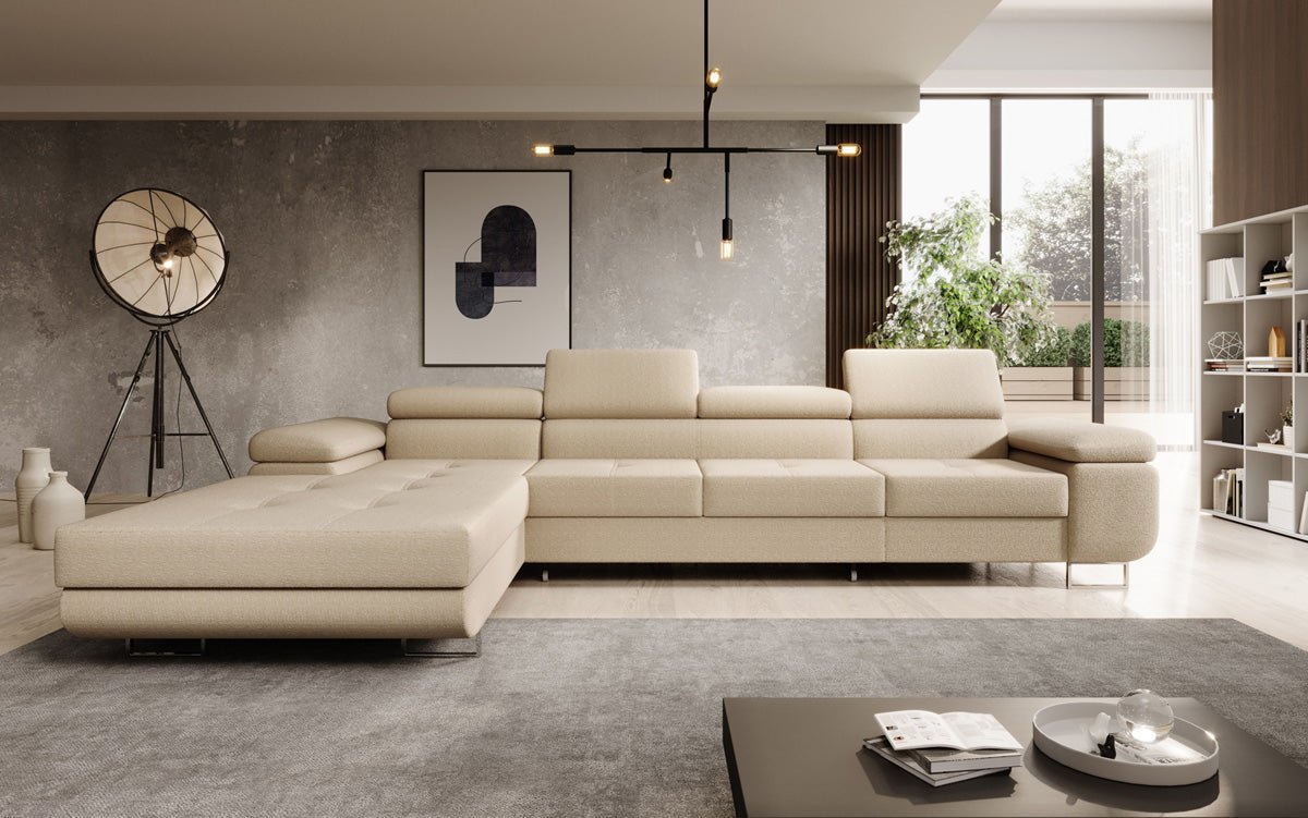 Elegantes Calvera Maxi Bouclé Ecksofa mit Schlaf- und Stauraumfunktion
